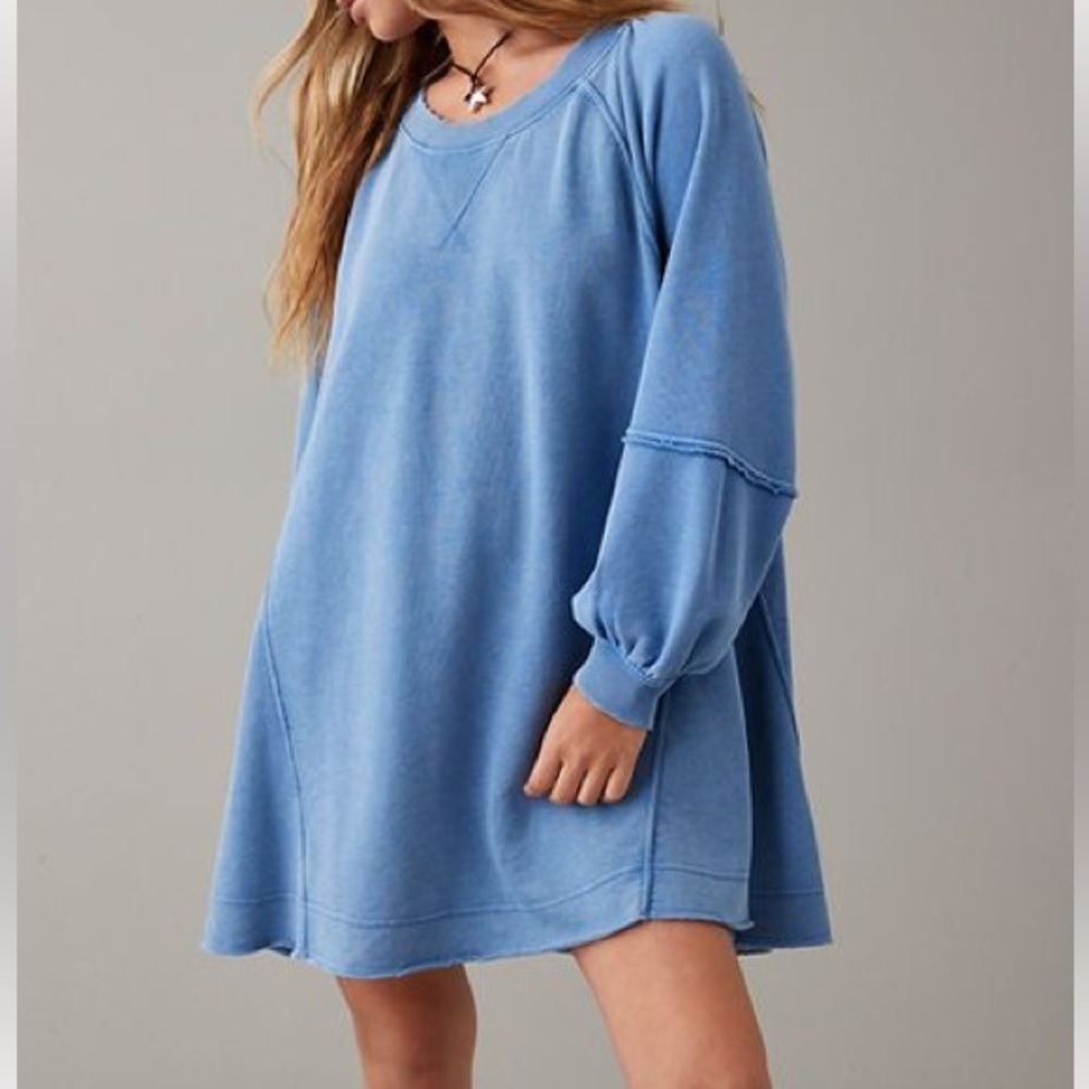 AMERICAN EAGLE Casual MINERAL WASH Blue Long Sleeve SWEATSHIRT MINI Dress SIZE S